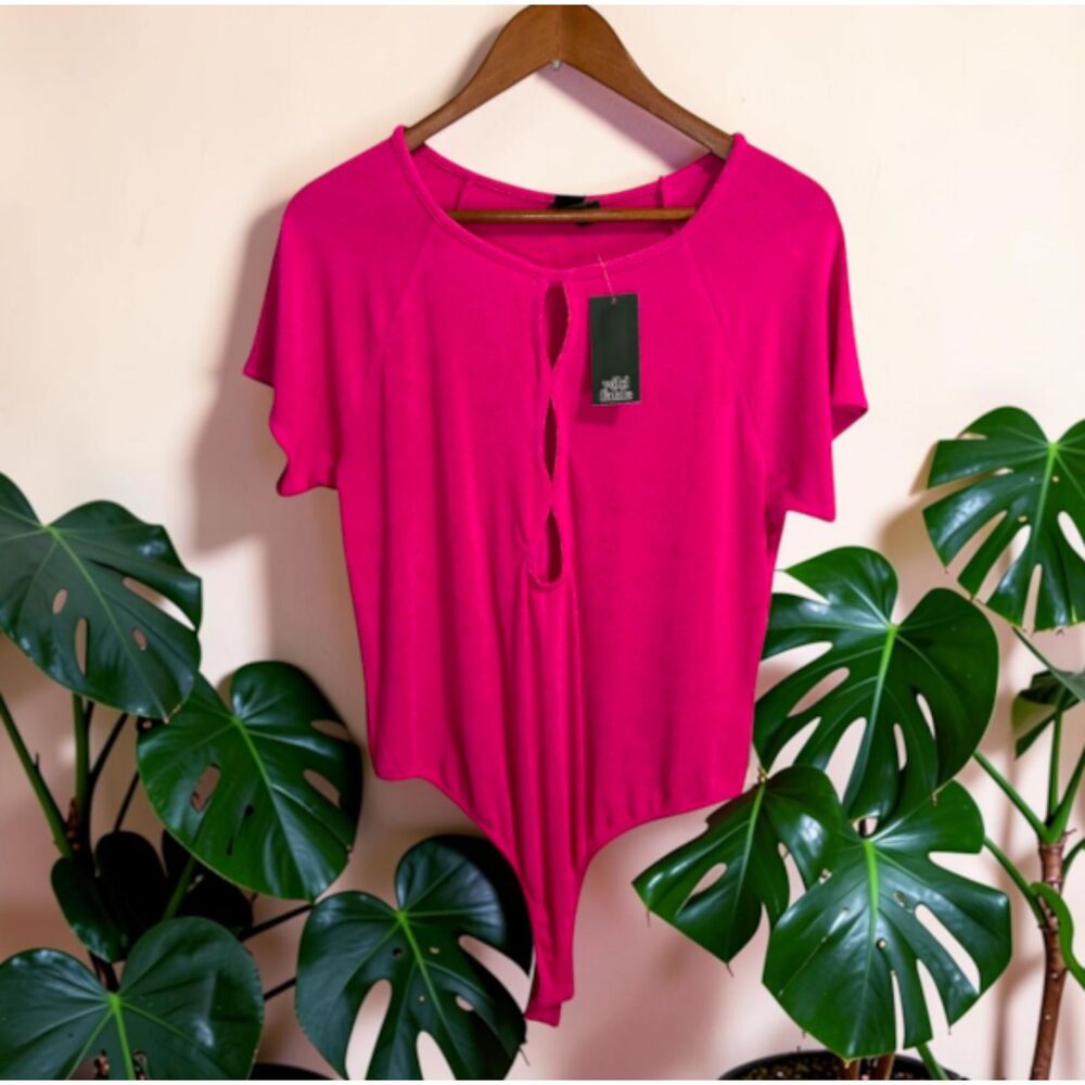 Hot Pink Ribbed Keyhole Tie-Front Bodysuit Short Sleeve Stretch Top